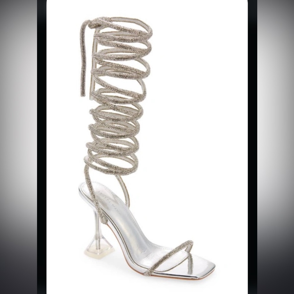 Azalea Wang Mia‎ Crystal Embellished Wrap Sandel Heel Silver 11